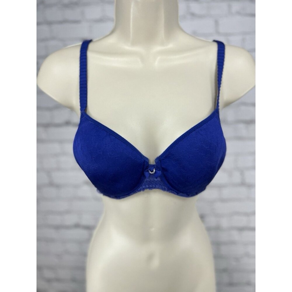 Chantelle Blue Full Unlined Lace Underwired Bra Ruffled Straps Rhinestones 32D